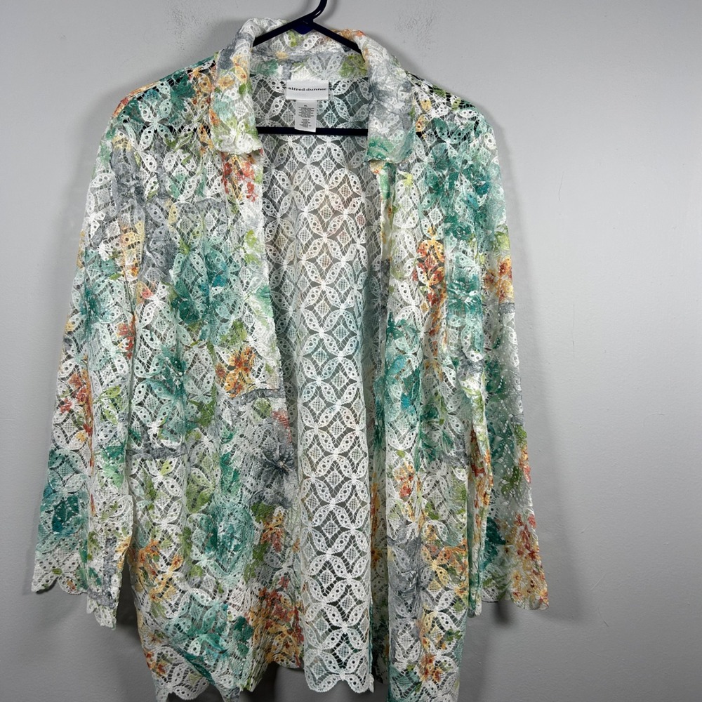 Alfred Dunner Mesh Cardigan Womens XL White Floral Lace Open Front Church Office